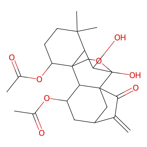 2D Structure of [(1R,2S,3R,10S,11R,15S)-3-acetyloxy-9,10-dihydroxy-12,12-dimethyl-6-methylidene-7-oxo-17-oxapentacyclo[7.6.2.15,8.01,11.02,8]octadecan-15-yl] acetate