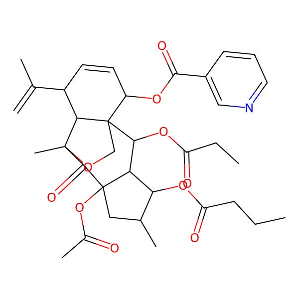 2D Structure of (7-Acetyloxy-4-butanoyloxy-5,9-dimethyl-8-oxo-2-propanoyloxy-11-prop-1-en-2-yl-16-oxatetracyclo[7.5.2.01,10.03,7]hexadec-12-en-14-yl) pyridine-3-carboxylate