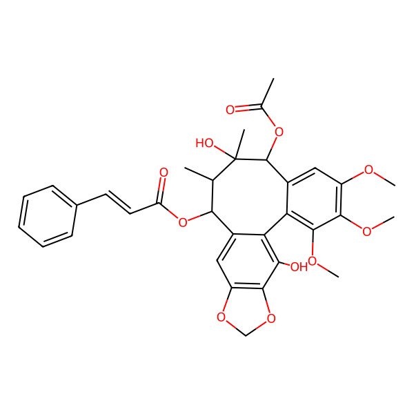 2D Structure of [(8R,9S,10S,11S)-8-acetyloxy-9,19-dihydroxy-3,4,5-trimethoxy-9,10-dimethyl-15,17-dioxatetracyclo[10.7.0.02,7.014,18]nonadeca-1(19),2,4,6,12,14(18)-hexaen-11-yl] (E)-3-phenylprop-2-enoate