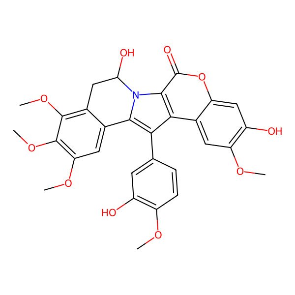 2D Structure of 7,21-Dihydroxy-12-(3-hydroxy-4-methoxyphenyl)-8,16,17,18-tetramethoxy-4-oxa-1-azapentacyclo[11.8.0.02,11.05,10.014,19]henicosa-2(11),5,7,9,12,14,16,18-octaen-3-one