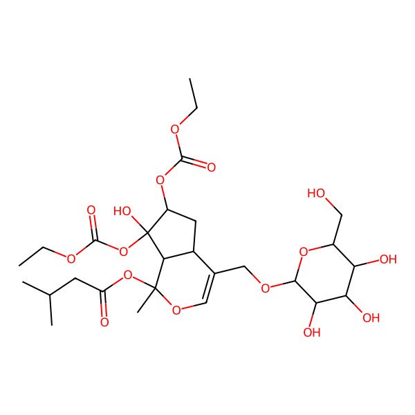2D Structure of [(1S,6S,7R)-6,7-bis(ethoxycarbonyloxy)-7-hydroxy-1-methyl-4-[[3,4,5-trihydroxy-6-(hydroxymethyl)oxan-2-yl]oxymethyl]-4a,5,6,7a-tetrahydrocyclopenta[c]pyran-1-yl] 3-methylbutanoate