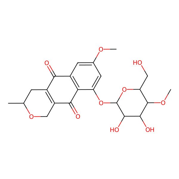 2D Structure of (3S)-9-[(2S,3R,4R,5S,6R)-3,4-dihydroxy-6-(hydroxymethyl)-5-methoxyoxan-2-yl]oxy-7-methoxy-3-methyl-3,4-dihydro-1H-benzo[g]isochromene-5,10-dione