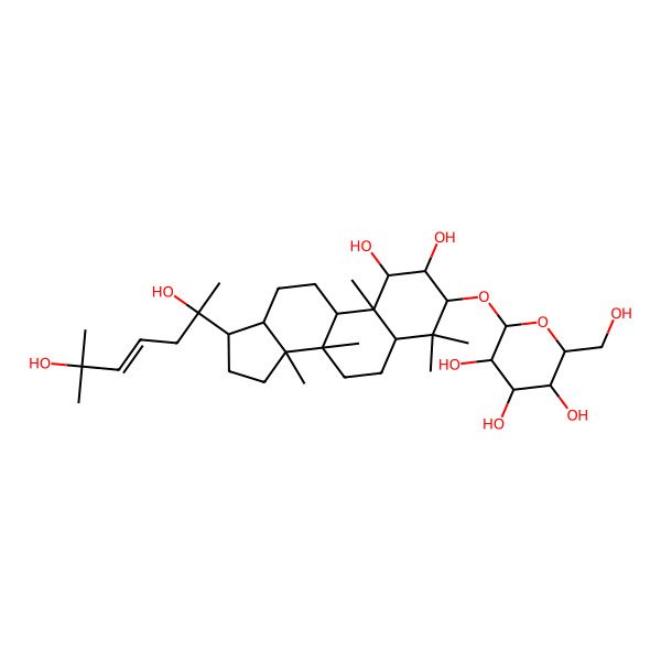2D Structure of (2R,3R,4S,5S,6R)-2-[[(1S,2R,3R,5S,8R,9S,10R,13R,14R,17S)-17-[(E,2R)-2,6-dihydroxy-6-methylhept-4-en-2-yl]-1,2-dihydroxy-4,4,8,10,14-pentamethyl-2,3,5,6,7,9,11,12,13,15,16,17-dodecahydro-1H-cyclopenta[a]phenanthren-3-yl]oxy]-6-(hydroxymethyl)oxane-3,4,5-triol