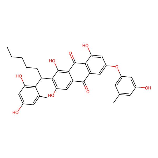 2D Structure of 2-[1-(2,4-Dihydroxy-6-methylphenyl)hexyl]-1,3,8-trihydroxy-6-(3-hydroxy-5-methylphenoxy)anthracene-9,10-dione