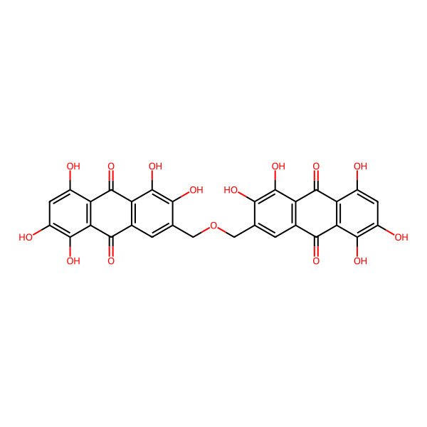2D Structure of 1,2,5,6,8-Pentahydroxy-3-[(3,4,5,7,8-pentahydroxy-9,10-dioxoanthracen-2-yl)methoxymethyl]anthracene-9,10-dione