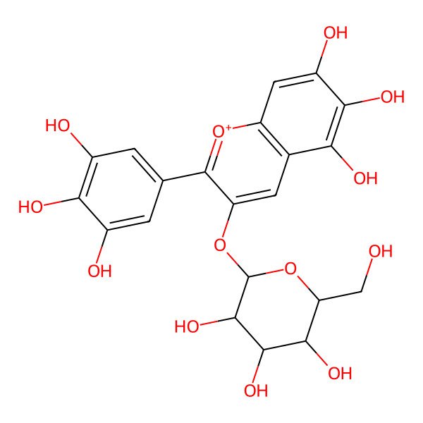 2D Structure of 3-[(2S,3R,4S,5S,6R)-3,4,5-trihydroxy-6-(hydroxymethyl)oxan-2-yl]oxy-2-(3,4,5-trihydroxyphenyl)chromenylium-5,6,7-triol