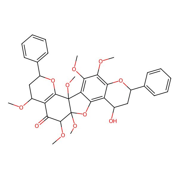2D Structure of (2R,5R,7S,10S,11R,15S,17R)-15-hydroxy-2,7,10,11,20,21-hexamethoxy-5,17-diphenyl-4,12,18-trioxapentacyclo[11.8.0.02,11.03,8.014,19]henicosa-1(21),3(8),13,19-tetraen-9-one