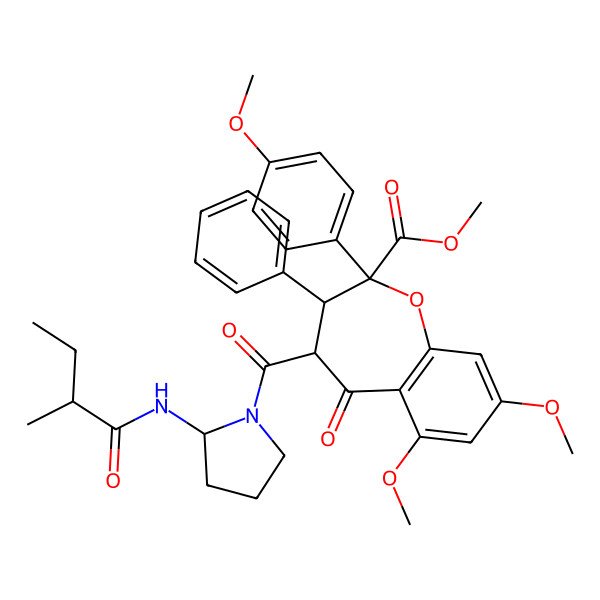 2D Structure of methyl (2R,3S,4R)-6,8-dimethoxy-2-(4-methoxyphenyl)-4-[(2S)-2-[[(2S)-2-methylbutanoyl]amino]pyrrolidine-1-carbonyl]-5-oxo-3-phenyl-3,4-dihydro-1-benzoxepine-2-carboxylate