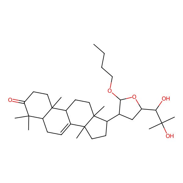 2D Structure of 17-[2-Butoxy-5-(1,2-dihydroxy-2-methylpropyl)oxolan-3-yl]-4,4,10,13,14-pentamethyl-1,2,5,6,9,11,12,15,16,17-decahydrocyclopenta[a]phenanthren-3-one
