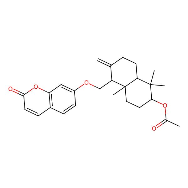 2D Structure of [(2R,4aS,5R,8aS)-1,1,4a-trimethyl-6-methylidene-5-[(2-oxochromen-7-yl)oxymethyl]-3,4,5,7,8,8a-hexahydro-2H-naphthalen-2-yl] acetate