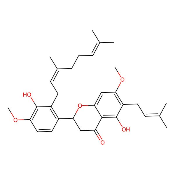 2D Structure of 2-[2-(3,7-Dimethylocta-2,6-dienyl)-3-hydroxy-4-methoxyphenyl]-5-hydroxy-7-methoxy-6-(3-methylbut-2-enyl)-2,3-dihydrochromen-4-one
