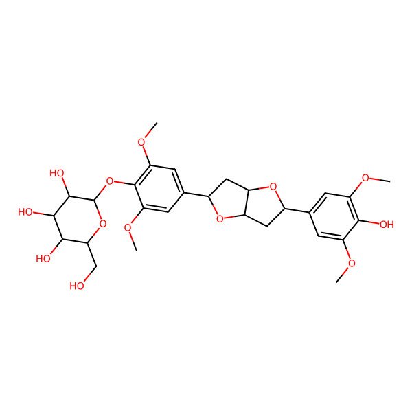2D Structure of (2R,3R,4S,5S,6R)-2-[4-[(2R,3aR,5R,6aR)-2-(4-hydroxy-3,5-dimethoxyphenyl)-2,3,3a,5,6,6a-hexahydrofuro[3,2-b]furan-5-yl]-2,6-dimethoxyphenoxy]-6-(hydroxymethyl)oxane-3,4,5-triol
