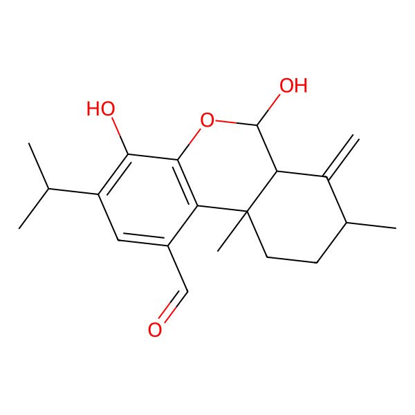 2D Structure of 4,6-dihydroxy-8,10a-dimethyl-7-methylidene-3-propan-2-yl-6a,8,9,10-tetrahydro-6H-benzo[c]chromene-1-carbaldehyde