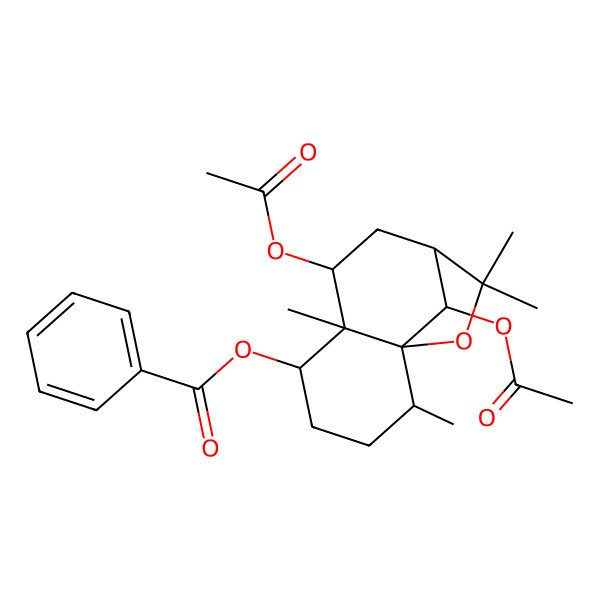 2D Structure of [(1S,2R,5S,6S,7S,9R,12R)-7,12-diacetyloxy-2,6,10,10-tetramethyl-11-oxatricyclo[7.2.1.01,6]dodecan-5-yl] benzoate