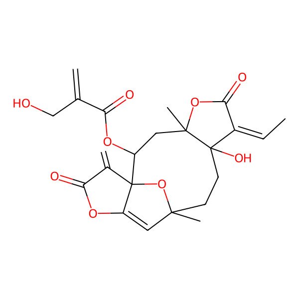 2D Structure of (7-Ethylidene-8-hydroxy-4,11-dimethyl-16-methylidene-6,15-dioxo-5,14,17-trioxatetracyclo[9.5.1.01,13.04,8]heptadec-12-en-2-yl) 2-(hydroxymethyl)prop-2-enoate