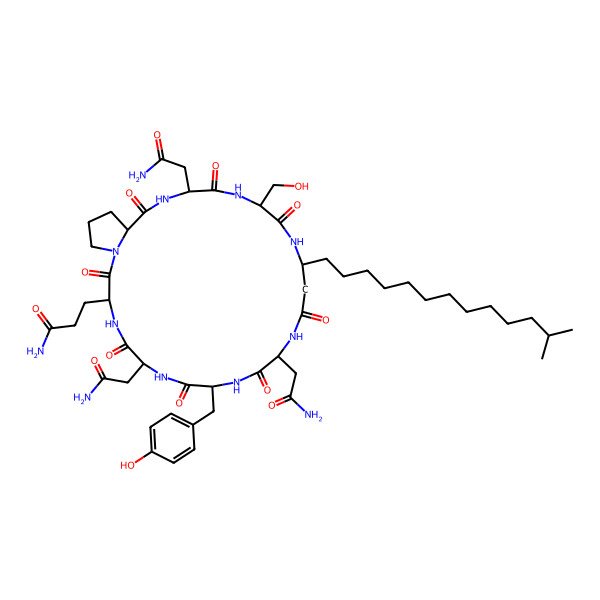2D Structure of 3-[6,12,22-Tris(2-amino-2-oxoethyl)-19-(hydroxymethyl)-9-[(4-hydroxyphenyl)methyl]-16-(12-methyltridecyl)-2,5,8,11,14,18,21,24-octaoxo-1,4,7,10,13,17,20,23-octazabicyclo[23.3.0]octacosan-3-yl]propanamide