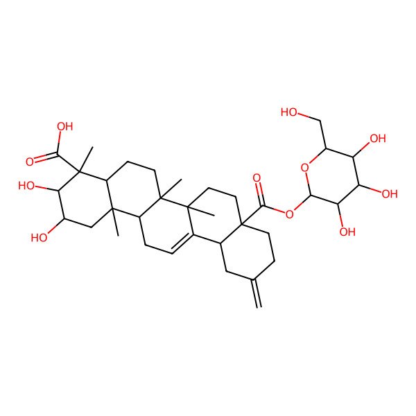 2D Structure of 2,3-Dihydroxy-4,6a,6b,14b-tetramethyl-11-methylidene-8a-[3,4,5-trihydroxy-6-(hydroxymethyl)oxan-2-yl]oxycarbonyl-1,2,3,4a,5,6,7,8,9,10,12,12a,14,14a-tetradecahydropicene-4-carboxylic acid
