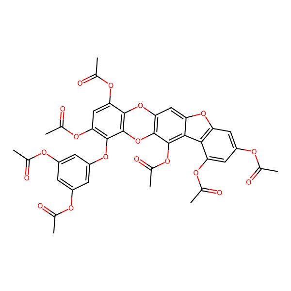2D Structure of [3-Acetyloxy-5-[(2,5,7,16,18-pentaacetyloxy-10,14,21-trioxapentacyclo[11.8.0.03,11.04,9.015,20]henicosa-1(13),2,4(9),5,7,11,15(20),16,18-nonaen-19-yl)oxy]phenyl] acetate
