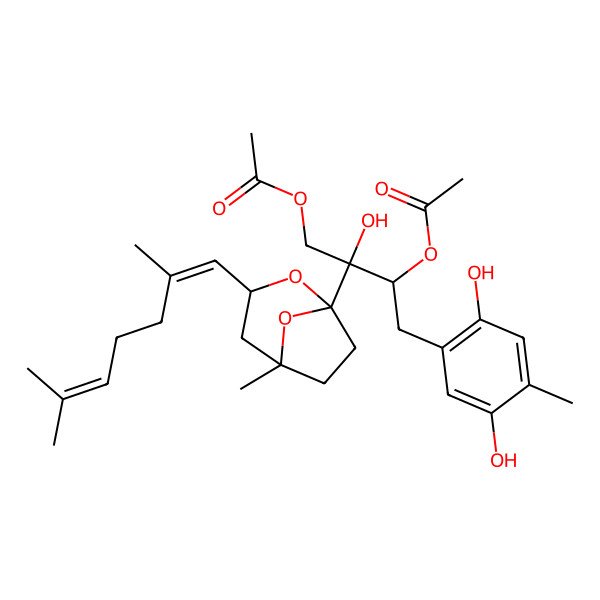2D Structure of [3-acetyloxy-4-(2,5-dihydroxy-4-methylphenyl)-2-[(1R,3S,5R)-3-[(1E)-2,6-dimethylhepta-1,5-dienyl]-5-methyl-2,8-dioxabicyclo[3.2.1]octan-1-yl]-2-hydroxybutyl] acetate