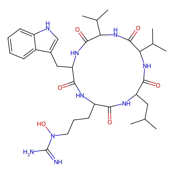 2D Structure of 1-hydroxy-1-[3-[14-(1H-indol-3-ylmethyl)-5-(2-methylpropyl)-3,6,9,12,15-pentaoxo-8,11-di(propan-2-yl)-1,4,7,10,13-pentazacyclopentadec-2-yl]propyl]guanidine