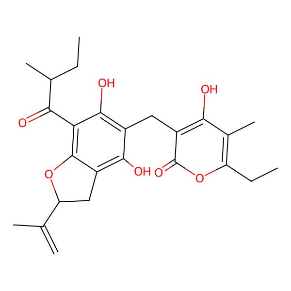 2D Structure of 3-[[(2S)-4,6-dihydroxy-7-[(2S)-2-methylbutanoyl]-2-prop-1-en-2-yl-2,3-dihydro-1-benzofuran-5-yl]methyl]-6-ethyl-4-hydroxy-5-methylpyran-2-one