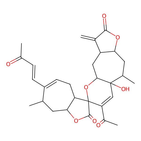 2D Structure of (1'R,3R,3'R,3aR,7R,7'R,8aS,9'S,10'R)-12'-acetyl-10'-hydroxy-7,9'-dimethyl-4'-methylidene-6-[(E)-3-oxobut-1-enyl]spiro[4,7,8,8a-tetrahydro-3aH-cyclohepta[b]furan-3,13'-6,14-dioxatricyclo[8.4.0.03,7]tetradec-11-ene]-2,5'-dione
