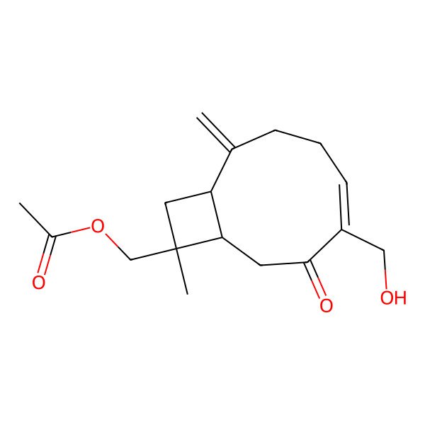 2D Structure of [(1R,5E,9R,10R)-6-(hydroxymethyl)-10-methyl-2-methylidene-7-oxo-10-bicyclo[7.2.0]undec-5-enyl]methyl acetate