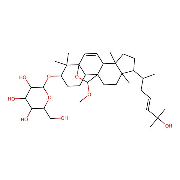 2D Structure of 2-(Hydroxymethyl)-6-[[8-(6-hydroxy-6-methylhept-4-en-2-yl)-19-methoxy-5,9,17,17-tetramethyl-18-oxapentacyclo[10.5.2.01,13.04,12.05,9]nonadec-2-en-16-yl]oxy]oxane-3,4,5-triol