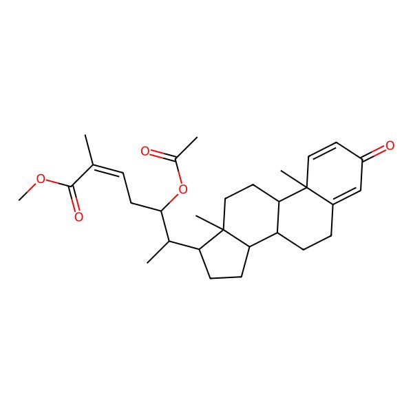 2D Structure of Methyl 5-acetyloxy-6-(10,13-dimethyl-3-oxo-6,7,8,9,11,12,14,15,16,17-decahydrocyclopenta[a]phenanthren-17-yl)-2-methylhept-2-enoate