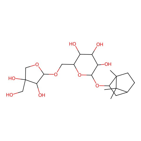 2D Structure of (2R,3S,4S,5R,6R)-2-[[(2R,3R,4R)-3,4-dihydroxy-4-(hydroxymethyl)oxolan-2-yl]oxymethyl]-6-[[(1R,2S,4R)-1,7,7-trimethyl-2-bicyclo[2.2.1]heptanyl]oxy]oxane-3,4,5-triol