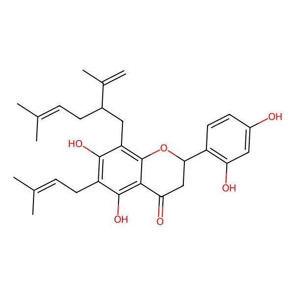 2D Structure of (2S)-2-(2,4-dihydroxyphenyl)-5,7-dihydroxy-6-(3-methylbut-2-enyl)-8-[(2S)-5-methyl-2-prop-1-en-2-ylhex-4-enyl]-2,3-dihydrochromen-4-one