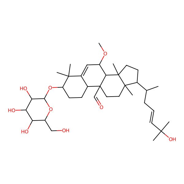 2D Structure of (3S,7S,8S,9R,10R,13R,14S,17R)-17-[(E,2R)-6-hydroxy-6-methylhept-4-en-2-yl]-7-methoxy-4,4,13,14-tetramethyl-3-[(2R,3R,4R,5S,6R)-3,4,5-trihydroxy-6-(hydroxymethyl)oxan-2-yl]oxy-2,3,7,8,10,11,12,15,16,17-decahydro-1H-cyclopenta[a]phenanthrene-9-carbaldehyde