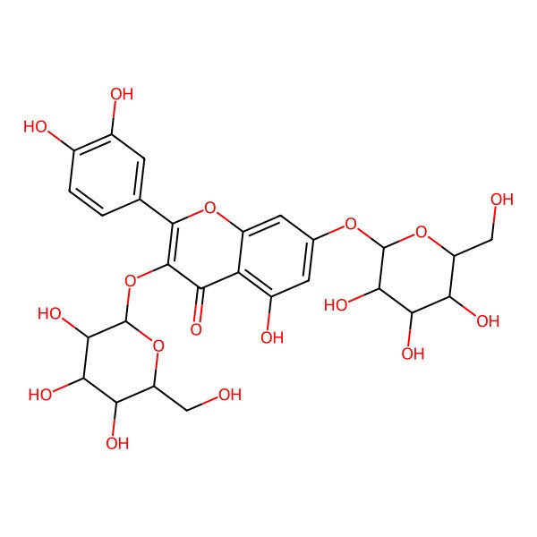 2D Structure of 2-(3,4-dihydroxyphenyl)-5-hydroxy-7-[(3R,4S,5R,6R)-3,4,5-trihydroxy-6-(hydroxymethyl)oxan-2-yl]oxy-3-[(3R,4S,5S,6R)-3,4,5-trihydroxy-6-(hydroxymethyl)oxan-2-yl]oxychromen-4-one