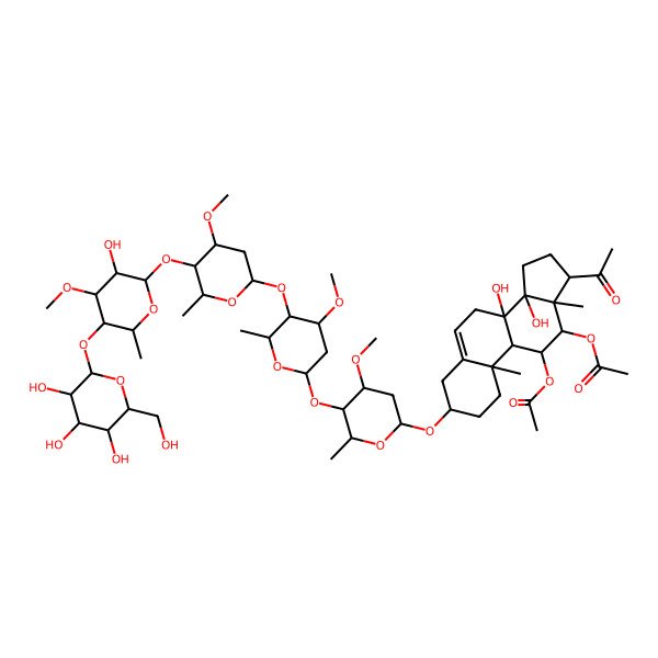 2D Structure of [(3S,8S,9S,10R,11S,12S,13S,14R,17S)-17-acetyl-12-acetyloxy-8,14-dihydroxy-3-[(2R,4S,5R,6R)-5-[(2S,4S,5R,6R)-5-[(2S,4R,5R,6R)-5-[(2S,3R,4S,5R,6R)-3-hydroxy-4-methoxy-6-methyl-5-[(2S,3R,4S,5S,6R)-3,4,5-trihydroxy-6-(hydroxymethyl)oxan-2-yl]oxyoxan-2-yl]oxy-4-methoxy-6-methyloxan-2-yl]oxy-4-methoxy-6-methyloxan-2-yl]oxy-4-methoxy-6-methyloxan-2-yl]oxy-10,13-dimethyl-2,3,4,7,9,11,12,15,16,17-decahydro-1H-cyclopenta[a]phenanthren-11-yl] acetate