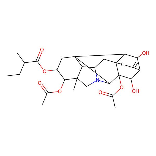 2D Structure of [(1S,3R,4S,5S,8S,9R,11R,14R,16S,17S,18S,19S)-4,9-diacetyloxy-10,19-dihydroxy-5-methyl-12-methylidene-7-azaheptacyclo[9.6.2.01,8.05,17.07,16.09,14.014,18]nonadecan-3-yl] 2-methylbutanoate