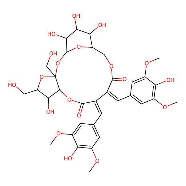 2D Structure of (1R,3S,5R,6R,7S,10E,11E,15R,16R,17S,18R)-6,16,17,18-tetrahydroxy-10,11-bis[(4-hydroxy-3,5-dimethoxyphenyl)methylidene]-3,5-bis(hydroxymethyl)-2,4,8,13,19-pentaoxatricyclo[13.3.1.03,7]nonadecane-9,12-dione