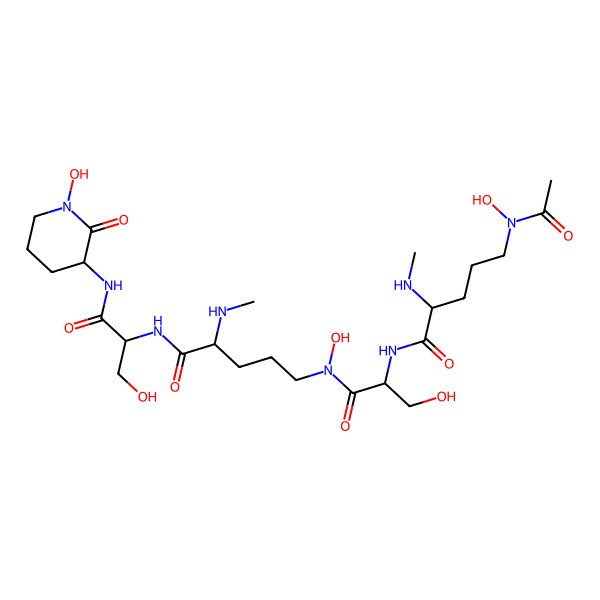 2D Structure of (2S)-5-[acetyl(hydroxy)amino]-N-[(2S)-3-hydroxy-1-[hydroxy-[(4S)-5-[[(2S)-3-hydroxy-1-[[(3R)-1-hydroxy-2-oxopiperidin-3-yl]amino]-1-oxopropan-2-yl]amino]-4-(methylamino)-5-oxopentyl]amino]-1-oxopropan-2-yl]-2-(methylamino)pentanamide