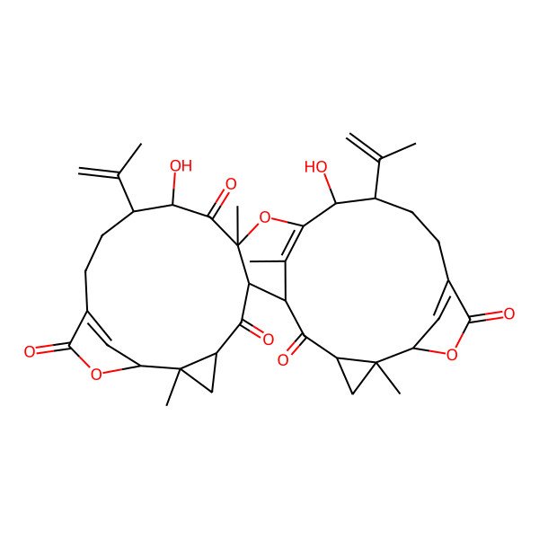 2D Structure of 14,19-Dihydroxy-6,16,27,31-tetramethyl-13,20-bis(prop-1-en-2-yl)-8,17,25-trioxaheptacyclo[16.12.1.17,10.123,26.02,16.04,6.027,29]tritriaconta-10(33),18(31),23(32)-triene-3,9,15,24,30-pentone