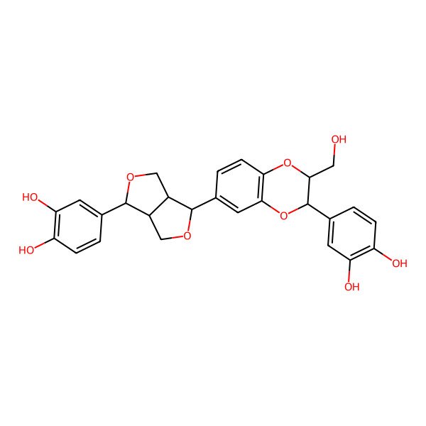2D Structure of 4-[6-[3-(3,4-Dihydroxyphenyl)-2-(hydroxymethyl)-2,3-dihydro-1,4-benzodioxin-6-yl]-1,3,3a,4,6,6a-hexahydrofuro[3,4-c]furan-3-yl]benzene-1,2-diol