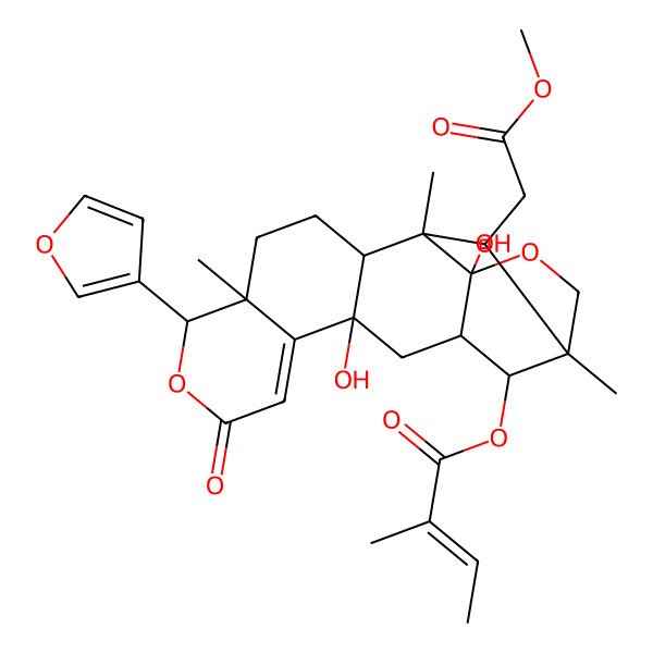 2D Structure of [6-(Furan-3-yl)-11,18-dihydroxy-19-(2-methoxy-2-oxoethyl)-1,5,15-trimethyl-8-oxo-7,17-dioxapentacyclo[13.3.1.02,11.05,10.013,18]nonadec-9-en-14-yl] 2-methylbut-2-enoate