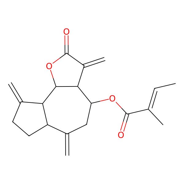 2D Structure of (3,6,9-Trimethylidene-2-oxo-3a,4,5,6a,7,8,9a,9b-octahydroazuleno[4,5-b]furan-4-yl) 2-methylbut-2-enoate