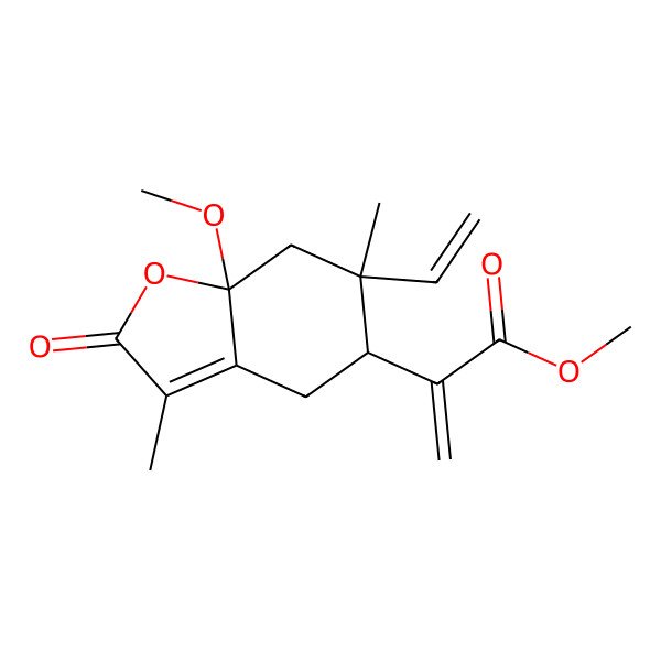 2D Structure of methyl 2-[(5S,6R,7aR)-6-ethenyl-7a-methoxy-3,6-dimethyl-2-oxo-5,7-dihydro-4H-1-benzofuran-5-yl]prop-2-enoate