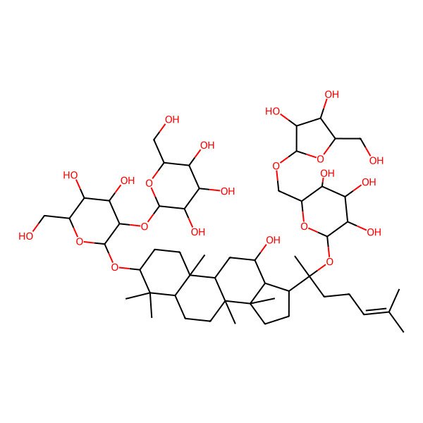 2D Structure of (2S,3R,4S,5S,6R)-2-[(2R,3R,4S,5S,6R)-2-[[(3S,8R,10R,13R)-17-[2-[(2S,3R,4S,5S,6R)-6-[[(2R,3R,4R,5S)-3,4-dihydroxy-5-(hydroxymethyl)oxolan-2-yl]oxymethyl]-3,4,5-trihydroxyoxan-2-yl]oxy-6-methylhept-5-en-2-yl]-12-hydroxy-4,4,8,10,14-pentamethyl-2,3,5,6,7,9,11,12,13,15,16,17-dodecahydro-1H-cyclopenta[a]phenanthren-3-yl]oxy]-4,5-dihydroxy-6-(hydroxymethyl)oxan-3-yl]oxy-6-(hydroxymethyl)oxane-3,4,5-triol