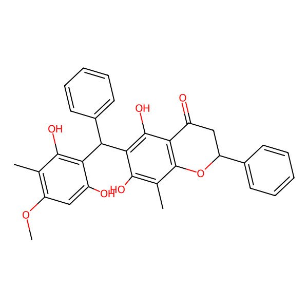 2D Structure of (2S)-6-[(S)-(2,6-dihydroxy-4-methoxy-3-methylphenyl)-phenylmethyl]-5,7-dihydroxy-8-methyl-2-phenyl-2,3-dihydrochromen-4-one