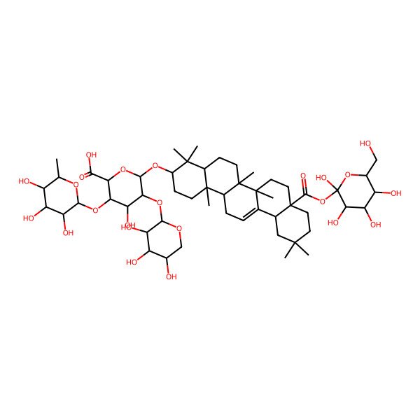 2D Structure of (3S,5S,6R)-6-[[(3S,6aR,6bS,8aS,12aS,14bR)-4,4,6a,6b,11,11,14b-heptamethyl-8a-[(2R,3S,5S)-2,3,4,5-tetrahydroxy-6-(hydroxymethyl)oxan-2-yl]oxycarbonyl-1,2,3,4a,5,6,7,8,9,10,12,12a,14,14a-tetradecahydropicen-3-yl]oxy]-4-hydroxy-3-[(3S,4S,5S,6R)-3,4,5-trihydroxy-6-methyloxan-2-yl]oxy-5-[(3S,4R,5R)-3,4,5-trihydroxyoxan-2-yl]oxyoxane-2-carboxylic acid