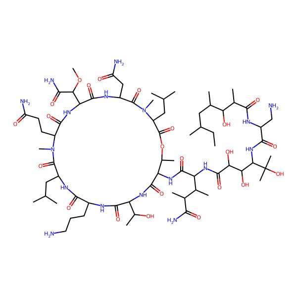 2D Structure of (2R,3S,4S)-4-[[(2R,3S,4S)-4-[[(2R)-3-amino-2-[[(2R,3R,4R,6R)-3-hydroxy-2,4,6-trimethyloctanoyl]amino]propanoyl]amino]-2,3,5-trihydroxy-5-methylhexanoyl]amino]-N'-[(3S,6R,9R,12S,15S,18S,21R,24R,25R)-9-[(1S)-2-amino-1-methoxy-2-oxoethyl]-6-(2-amino-2-oxoethyl)-12-(3-amino-3-oxopropyl)-18-(3-aminopropyl)-21-[(1R)-1-hydroxyethyl]-4,13,25-trimethyl-3,15-bis(2-methylpropyl)-2,5,8,11,14,17,20,23-octaoxo-1-oxa-4,7,10,13,16,19,22-heptazacyclopentacos-24-yl]-2,3-dimethylpentanediamide