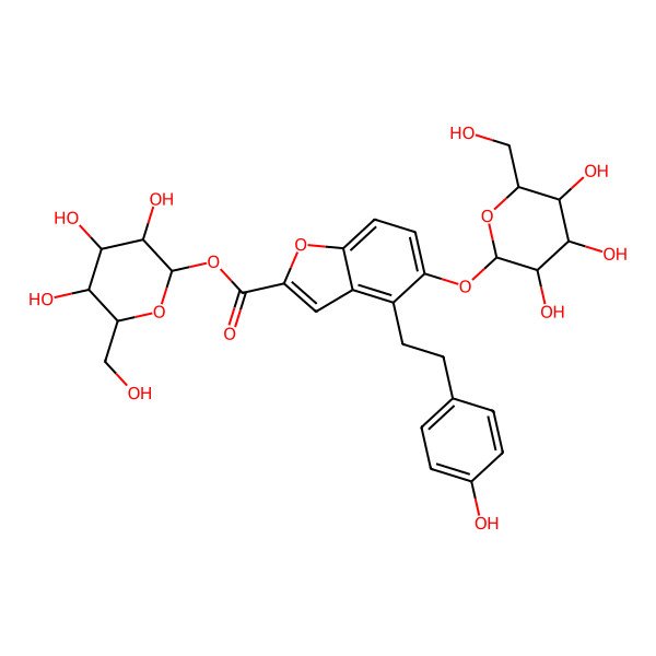 2D Structure of [(2S,3R,4S,5S,6R)-3,4,5-trihydroxy-6-(hydroxymethyl)oxan-2-yl] 4-[2-(4-hydroxyphenyl)ethyl]-5-[(2S,3R,4S,5S,6R)-3,4,5-trihydroxy-6-(hydroxymethyl)oxan-2-yl]oxy-1-benzofuran-2-carboxylate