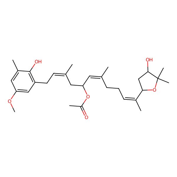 2D Structure of [11-(4-Hydroxy-5,5-dimethyloxolan-2-yl)-1-(2-hydroxy-5-methoxy-3-methylphenyl)-3,7-dimethyldodeca-2,6,10-trien-5-yl] acetate