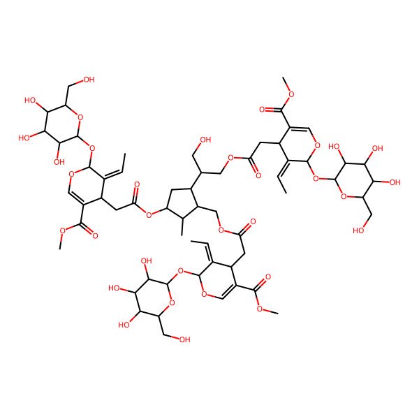2D Structure of methyl (4S,5E,6S)-5-ethylidene-4-[2-[[(1S,2S,3S,5R)-3-[2-[(2S,3Z,4S)-3-ethylidene-5-methoxycarbonyl-2-[(2S,3R,4S,5S,6R)-3,4,5-trihydroxy-6-(hydroxymethyl)oxan-2-yl]oxy-4H-pyran-4-yl]acetyl]oxy-5-[(2R)-1-[2-[(2S,3Z,4S)-3-ethylidene-5-methoxycarbonyl-2-[(2S,3R,4S,5S,6R)-3,4,5-trihydroxy-6-(hydroxymethyl)oxan-2-yl]oxy-4H-pyran-4-yl]acetyl]oxy-3-hydroxypropan-2-yl]-2-methylcyclopentyl]methoxy]-2-oxoethyl]-6-[(2S,3R,4S,5S,6R)-3,4,5-trihydroxy-6-(hydroxymethyl)oxan-2-yl]oxy-4H-pyran-3-carboxylate