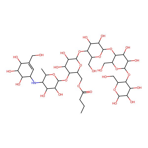 2D Structure of [(2R,3S,4R,5R,6R)-6-[(2R,3S,4R,5R,6R)-6-[(2R,3S,4R,5R,6R)-4,5-dihydroxy-2-(hydroxymethyl)-6-[(2R,3S,4R,5R,6R)-4,5,6-trihydroxy-2-(hydroxymethyl)oxan-3-yl]oxyoxan-3-yl]oxy-4,5-dihydroxy-2-(hydroxymethyl)oxan-3-yl]oxy-3-[(2R,3R,4S,5S,6R)-3,4-dihydroxy-6-methyl-5-[[(1S,4R,5S,6S)-4,5,6-trihydroxy-3-(hydroxymethyl)cyclohex-2-en-1-yl]amino]oxan-2-yl]oxy-4,5-dihydroxyoxan-2-yl]methyl butanoate